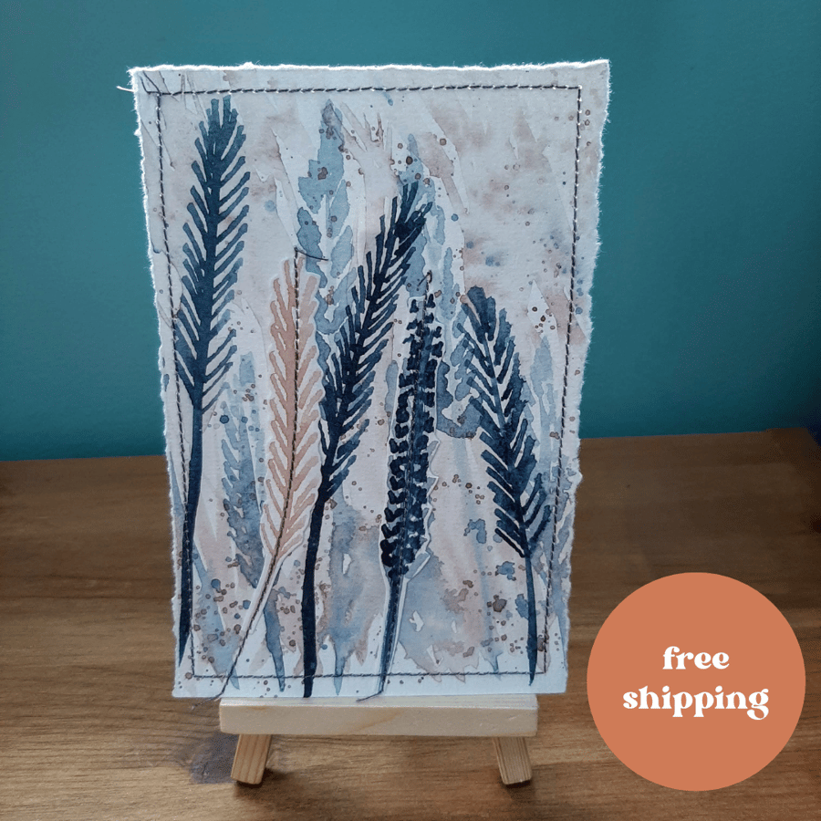 Abstract Wheat Painting, postcard sized, indigo and mushroom colours