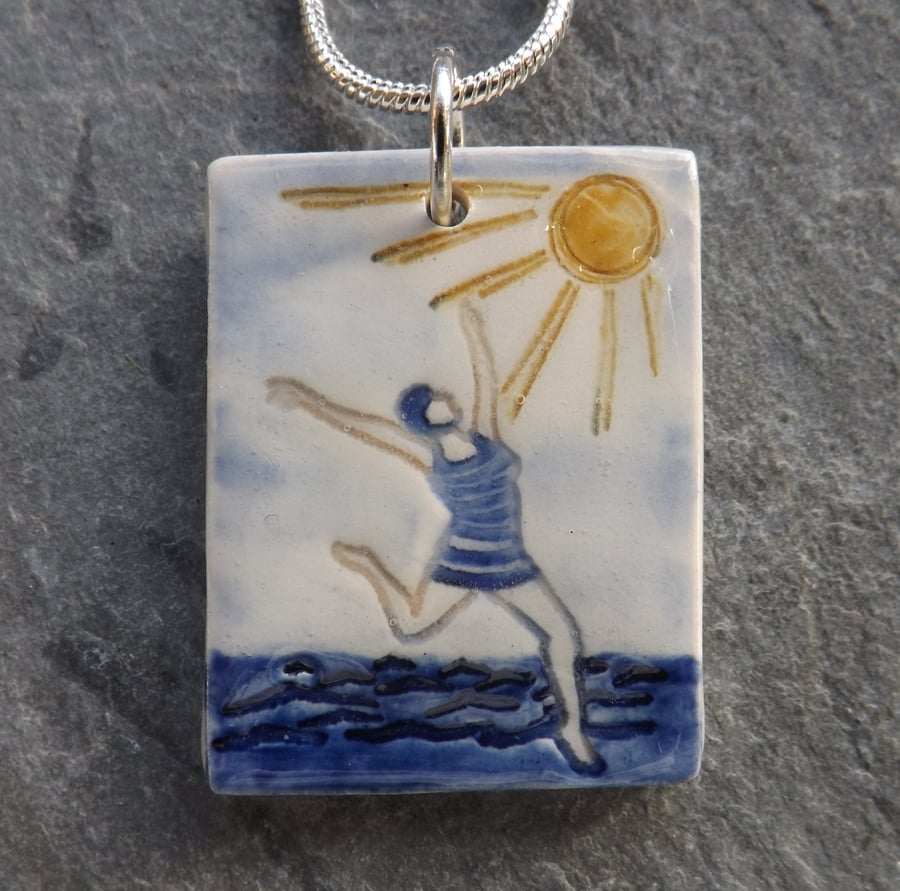 Beach Belle ceramic pendant in blue yellow and white 