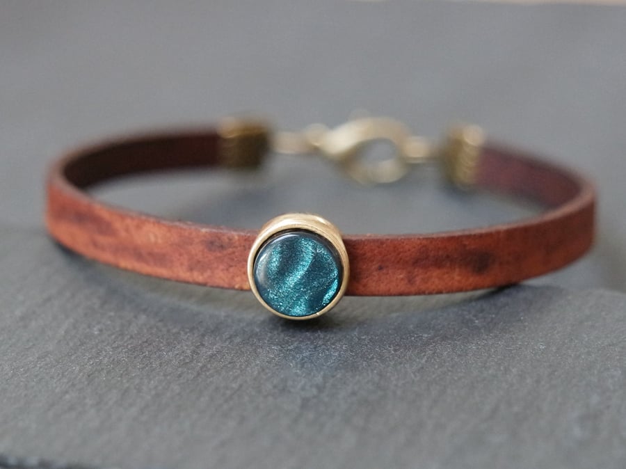 Leather bracelet - shimmering teal antique gold