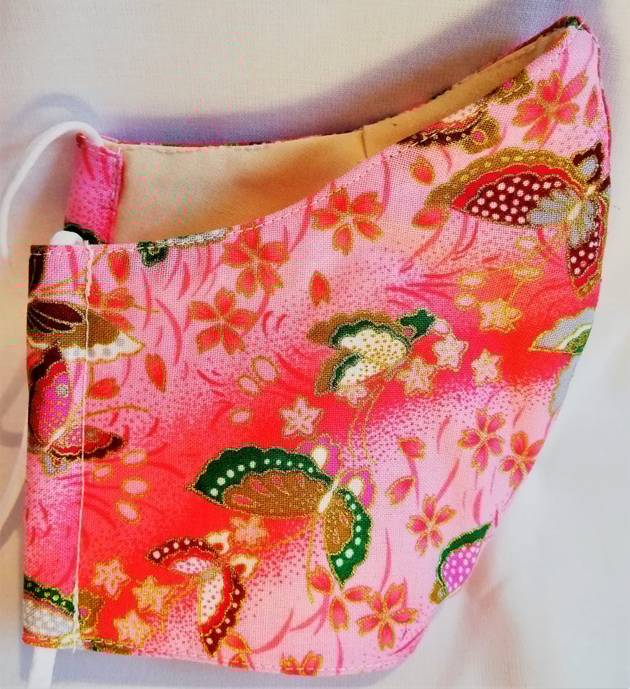 Face mask reusable triple layer 100% cotton pink Japanese style print hand made