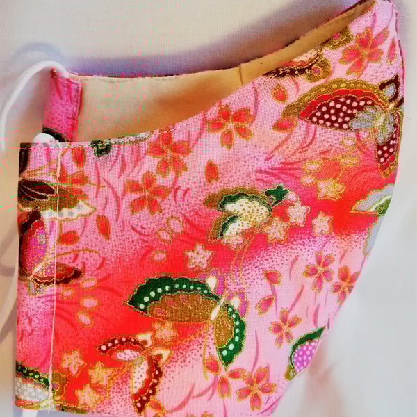 Face mask reusable triple layer 100% cotton pink Japanese style print hand made