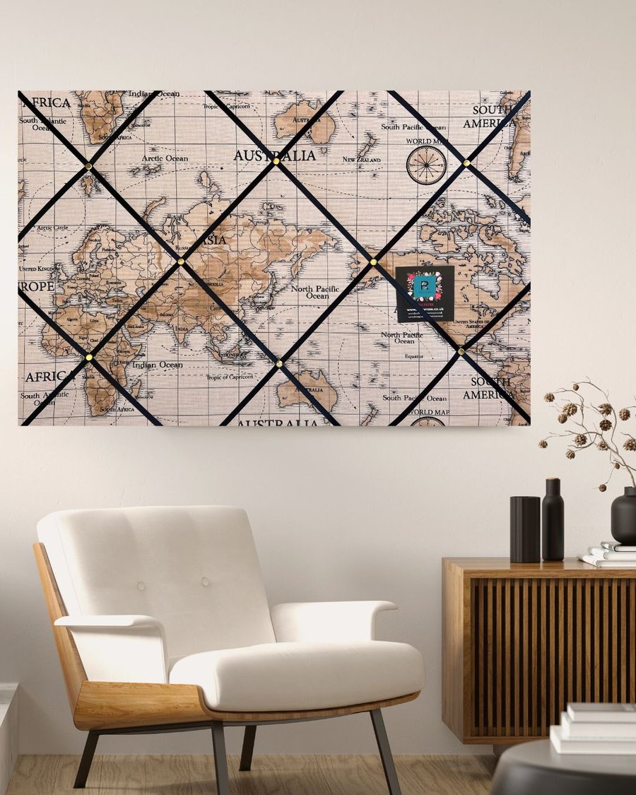 Handmade Bespoke Memo Notice Board With Fryetts Stone Atlas Map Globe Fabric