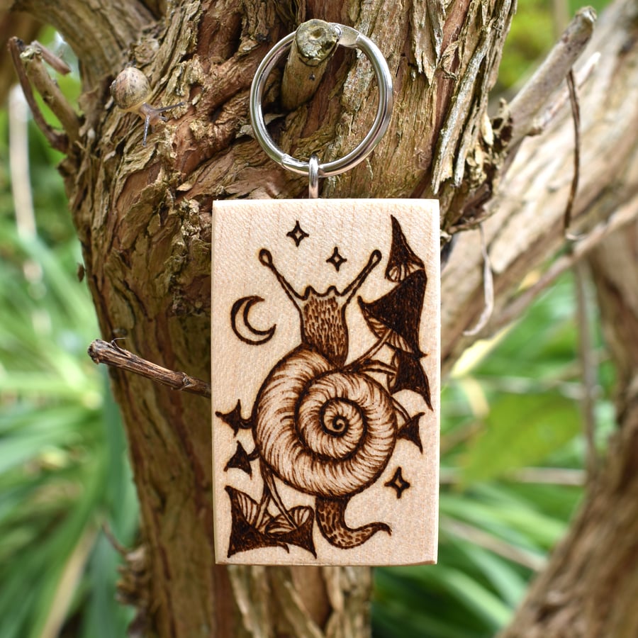 Magical Fungi Snail. Pyrography key ring.