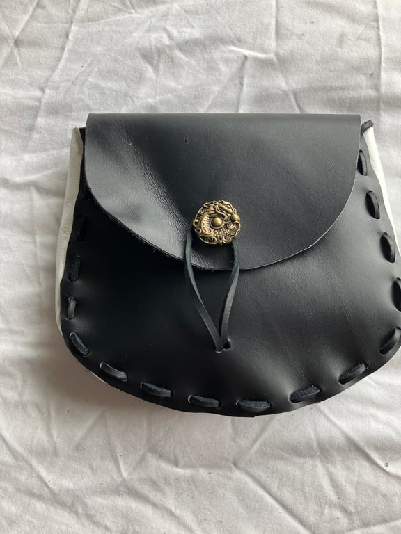 Pouch: Black & White coloured Leather Medieval Style W Dragon Closure