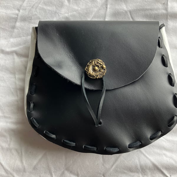 Pouch: Black & White coloured Leather Medieval Style W Dragon Closure