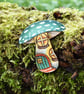 Green toadstool house brooch hand burned using pyrography. - Image 1