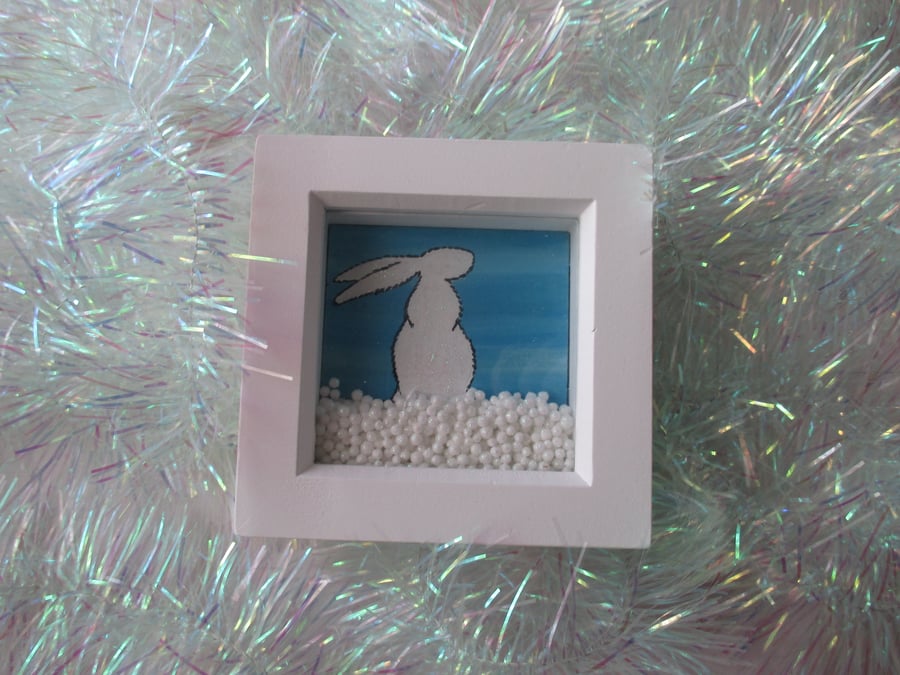 Bunny Rabbit Box Frame Christmas Decoration Snow Scene Snow Bunny