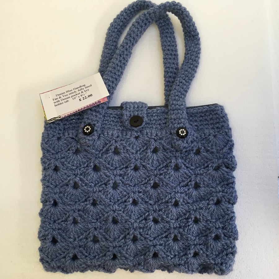 Selection of 3 Crocheted Bags. Different styles using Denim blue  Aran yarn.
