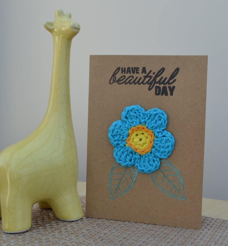 Greeting card with blue crochet flower - No. 17
