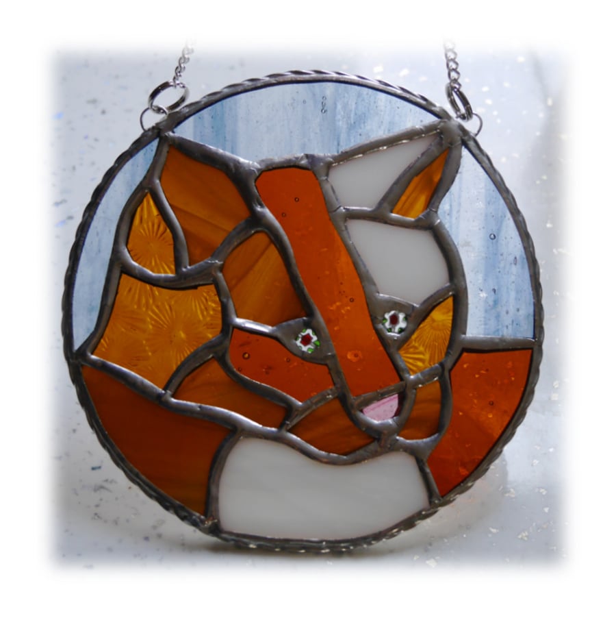 Cat Suncatcher Stained Glass Ring Ginger and White 017