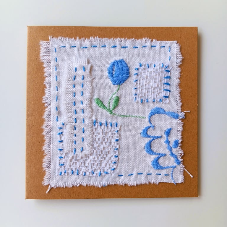 Hand Embroidered Card - Created with Upcycled Vintage Fabrics