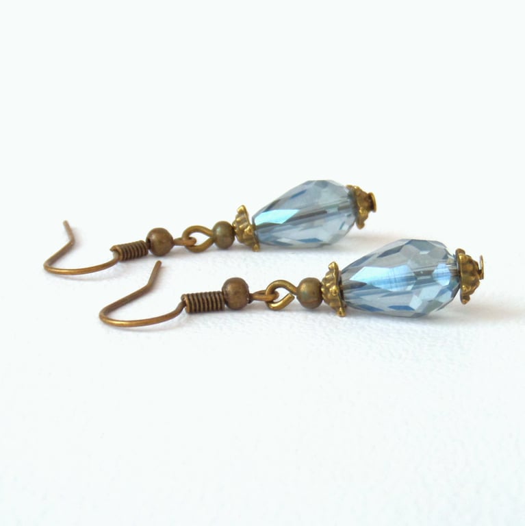 Vintage style earrings, blue crystal and bronze earrings