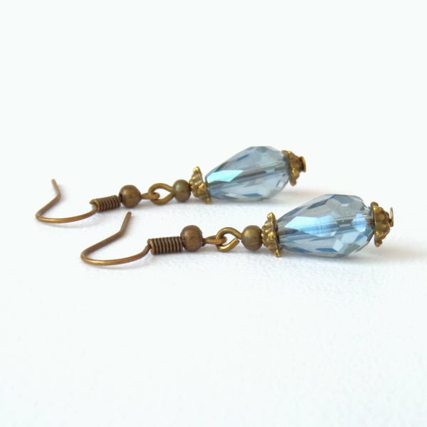 Vintage style earrings, blue crystal and bronze earrings