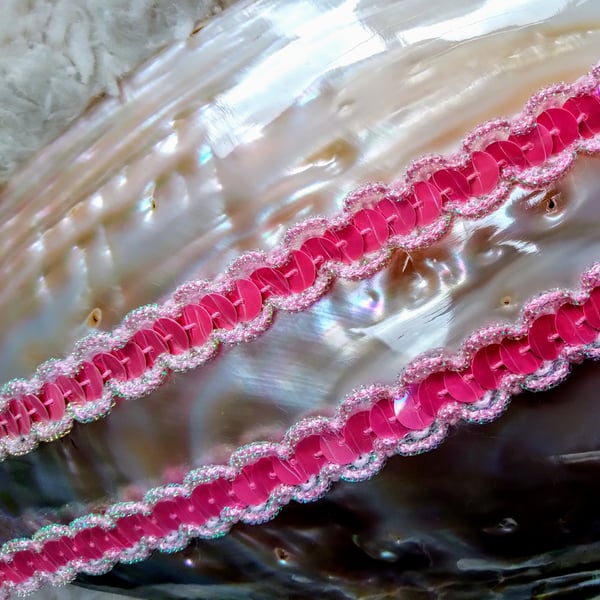 2 metres quality pink & irridescent sequinned 1cm wide sewing GLITZY TRIM