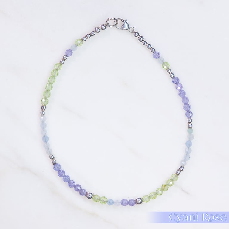 Handmade dainty beaded bracelet peridot tanzanite aquamarine silver