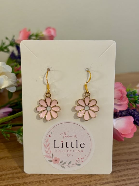 Pink Daisy Dangle Earrings, Enamel Floral Charms, Handmade Jewellery