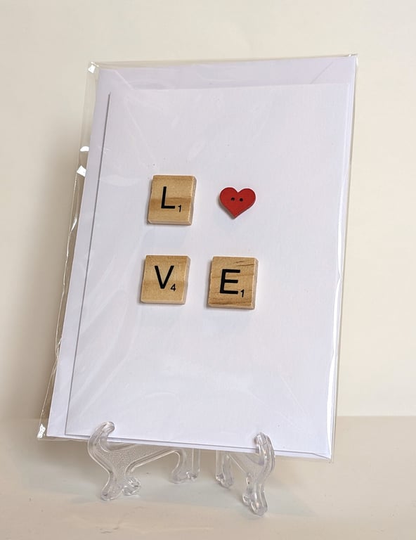 Scrabble Love Handmade greetings card with a red button heart 
