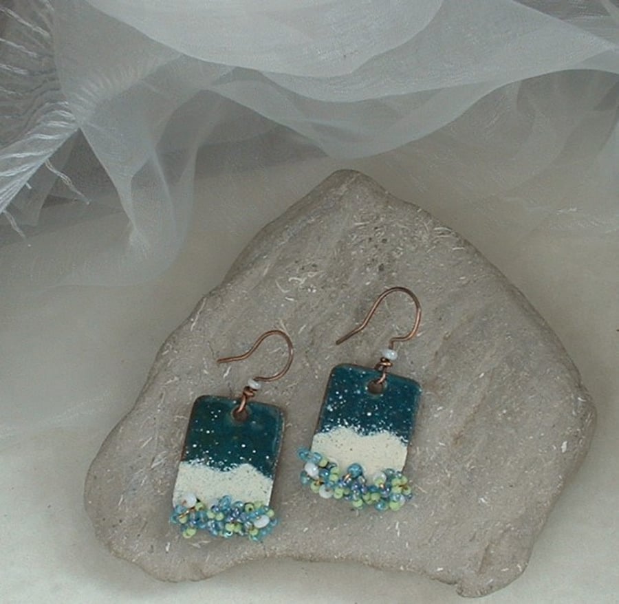 "Ocean Spray" Enamelled Copper Earrings with Seed Beads