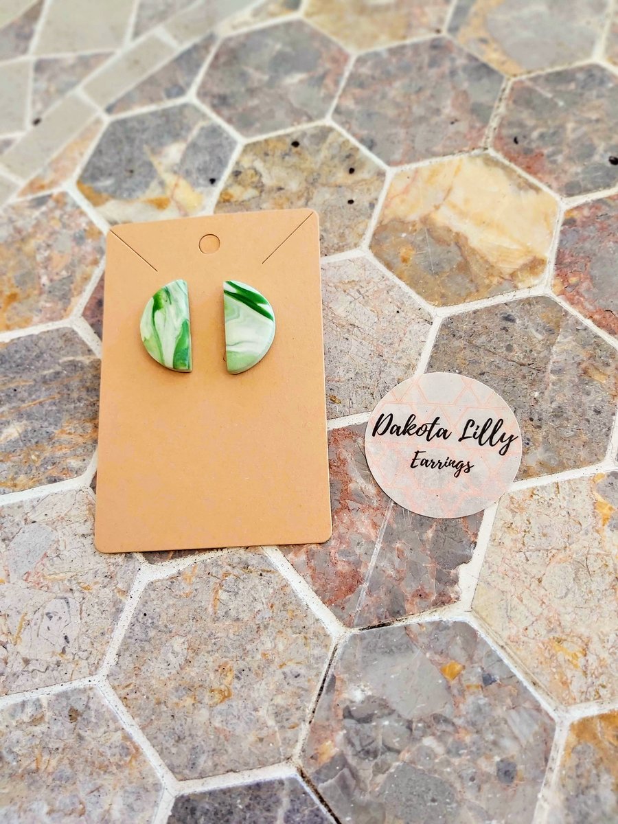 Green and White Swirls, polymer clay earrings.