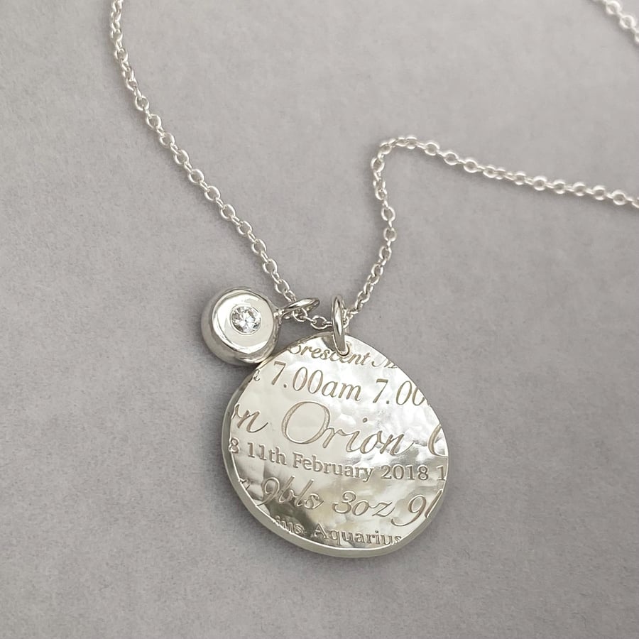 Handmade and personalised solid silver 19mm baby birth charm details necklace