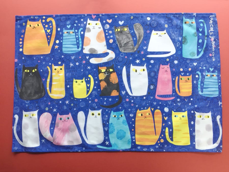 Love Cats tea towel by Jo Brown Illustrator, quirky gift for cat lover