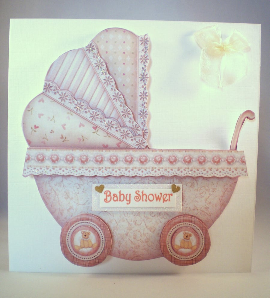 Baby Shower Decoupage Greetings Card, pram,neutral colours