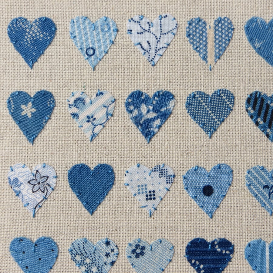 Vintage (1920s-30s) fabrics, applique hearts textile, framed, unique gift