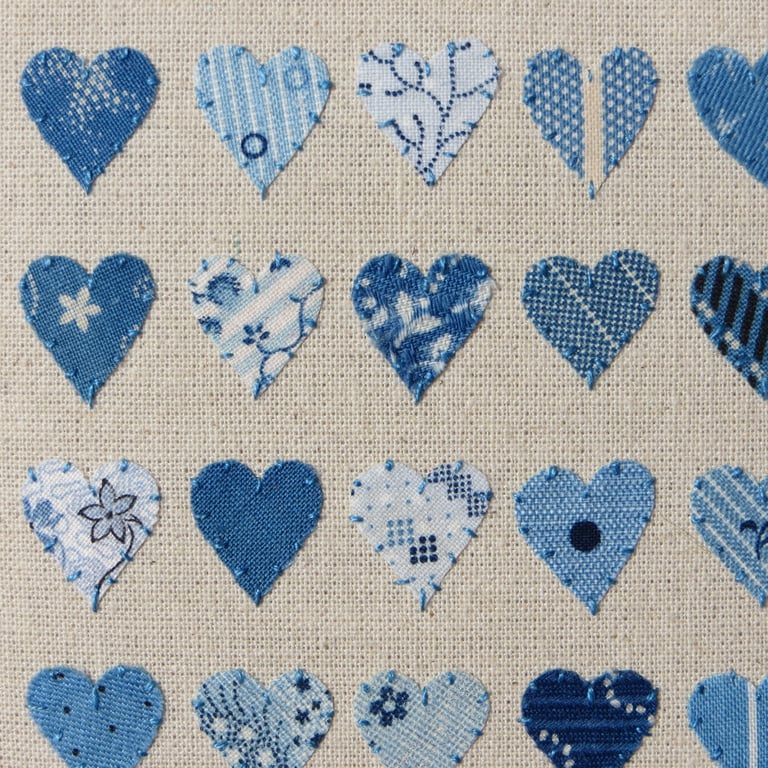 Vintage (1920s-30s) fabrics, applique hearts textile, framed, unique gift