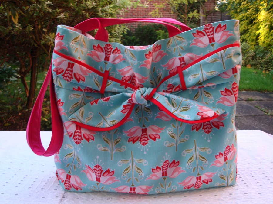 Slouchy Cotton Tote - Shoulder Bag - floral - front  bow detail.