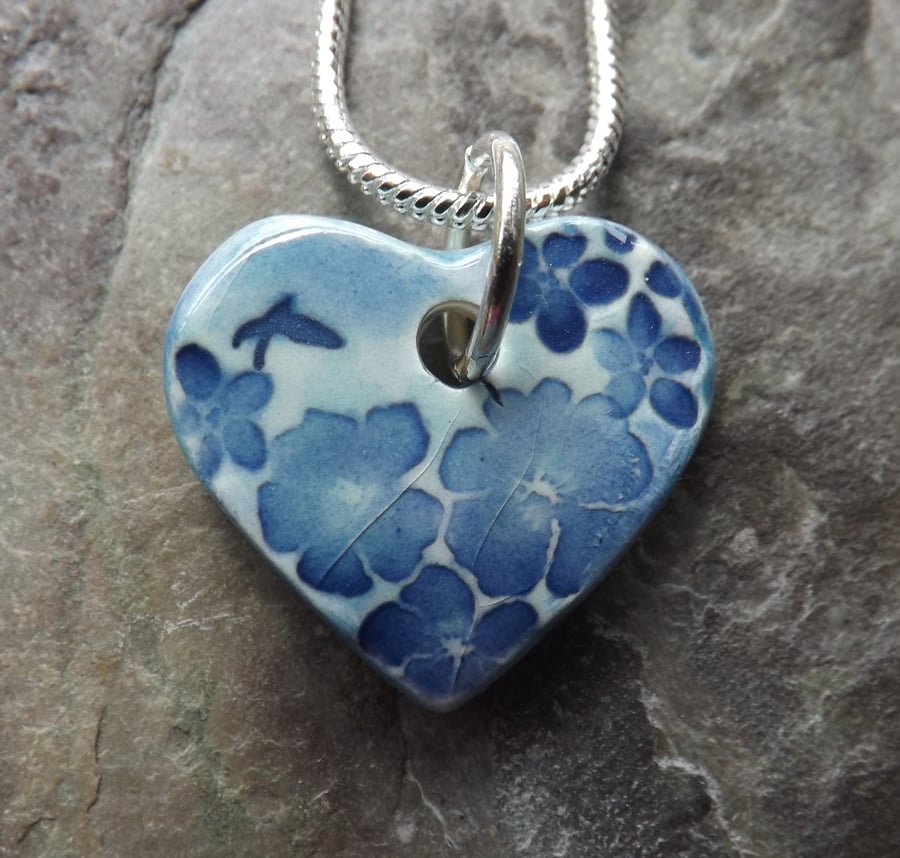 Handmade Ceramic Summer Garden Heart Pendant in turquoise and blue