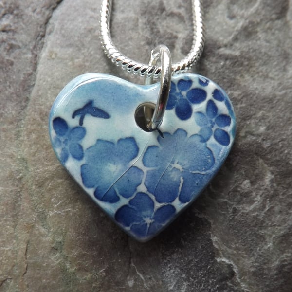 Handmade Ceramic Summer Garden Heart Pendant in turquoise and blue