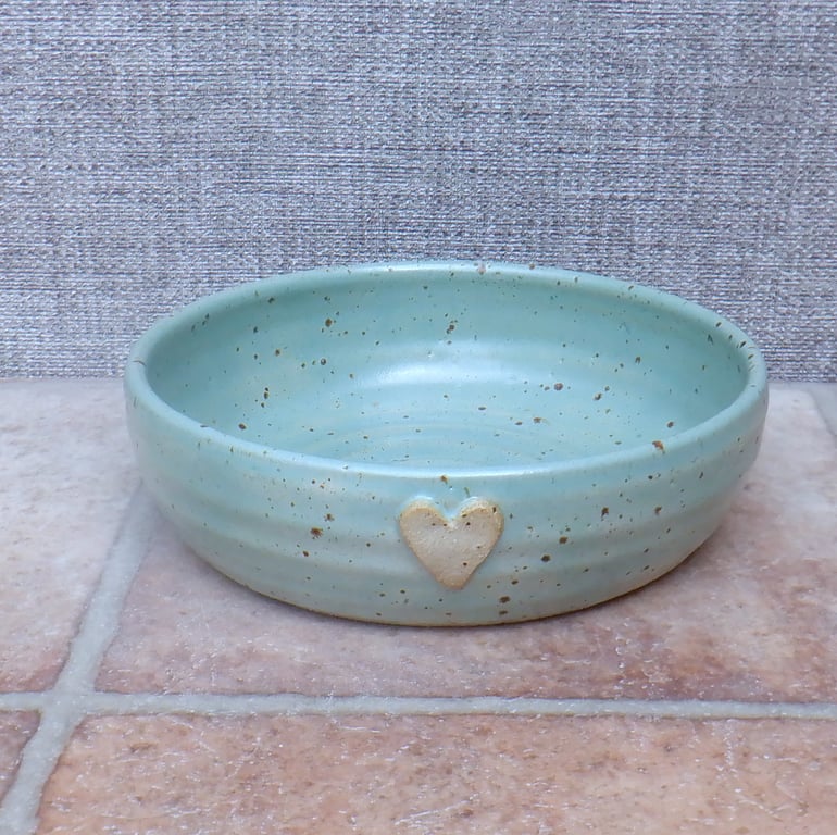 Hand thrown soup bowl in celadon green glaze with heart detail stoneware ceramic
