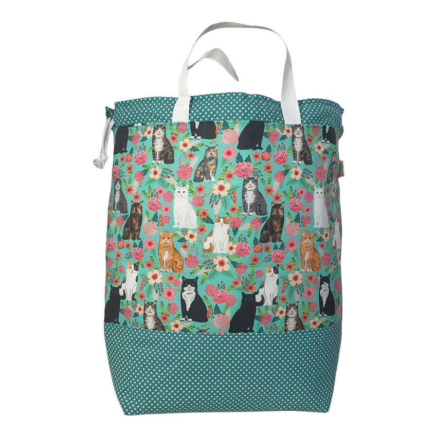 XXL drawstring knitting bag with Cat breeds and flowers print, supersized multi 