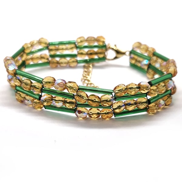 Green and gold glittering Czech crystal and bugle bead Christmas bracelet