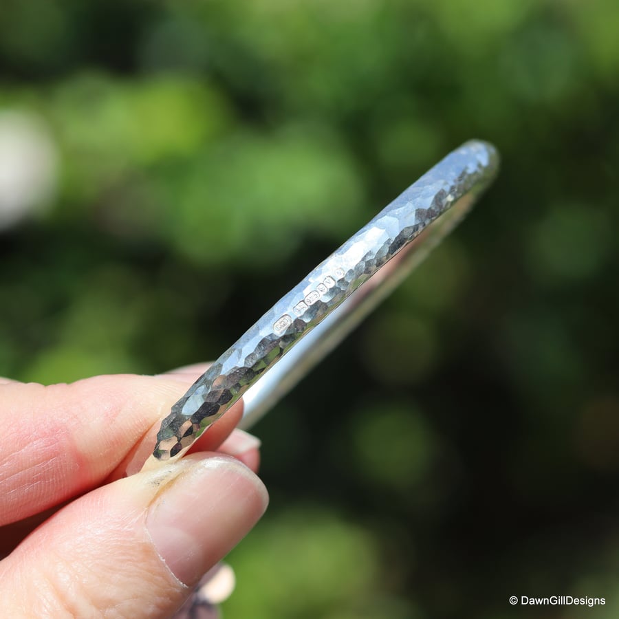 Heavyweight, hammered, Sterling Silver Bangle UK coronation hallmark