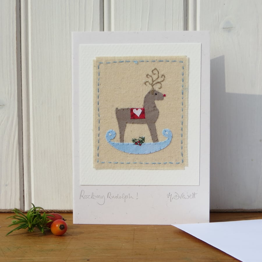 Rocking Rudolph! miniature hand-stitched card to bring a smile!