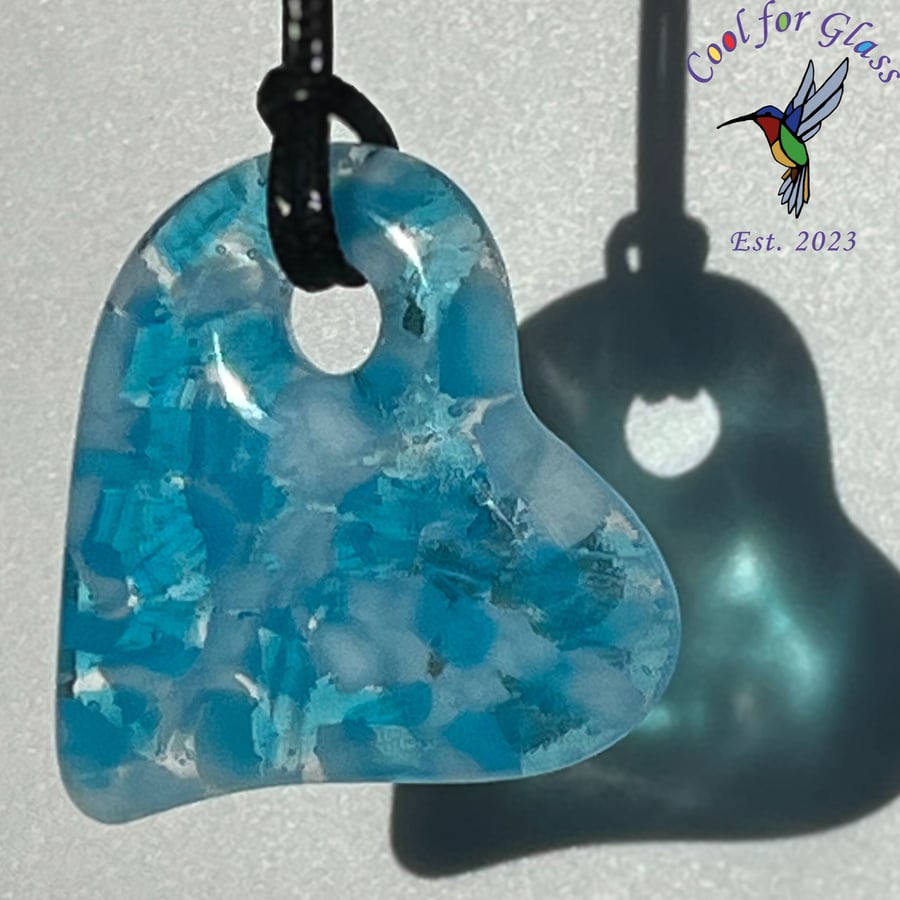 Fused glass heart pendant blue and white glass flecks