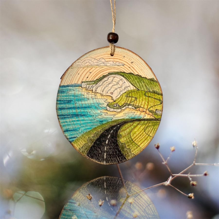 Isle of Wight wood slice Artwork, Military Road to Freshwater Bay