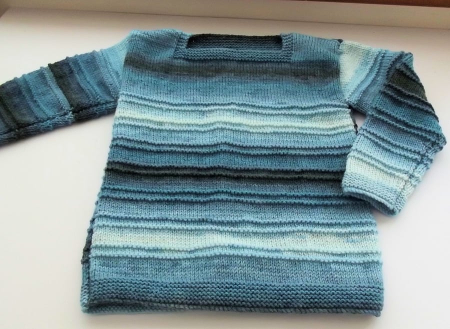 Toddlers Handknitted Jumper Sweater, Shades of Blue, 3 to 4 years, hm150