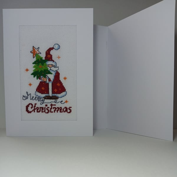 Festive Cross-Stitch Christmas Card – Santa with Tree – Handmade Holiday Charm