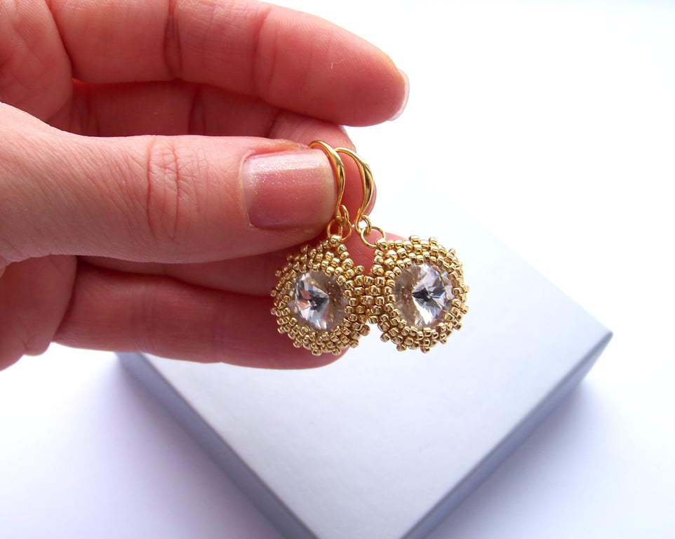 Gold and clear swarovski crystal earrings, elegant handmade gift