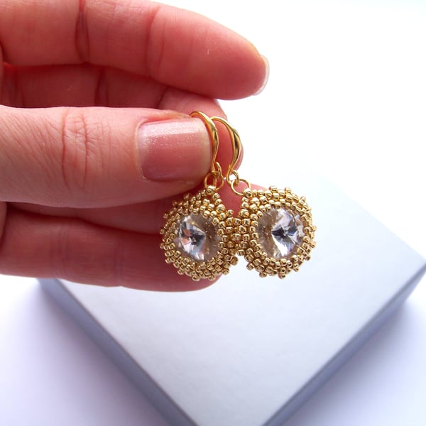 Gold and clear swarovski crystal earrings, elegant handmade gift