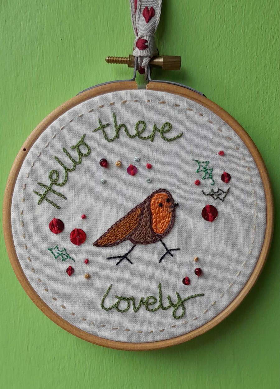 STOCK CLEARANCE 'Hello There Lovely' Hoop, Red Heart Ribbon