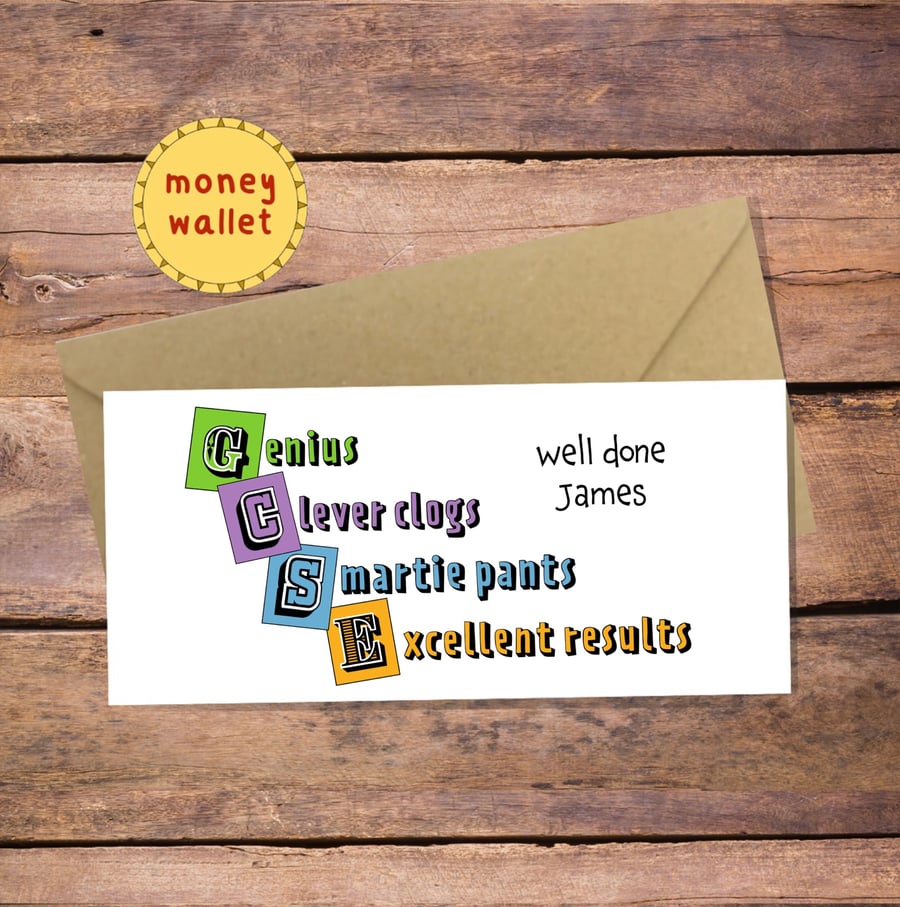 GCSE Exam Pass Personalised Money Wallet Card - cash gift envelope