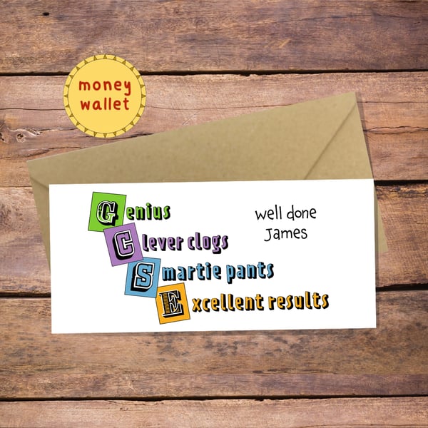 GCSE Exam Pass Personalised Money Wallet Card - cash gift envelope