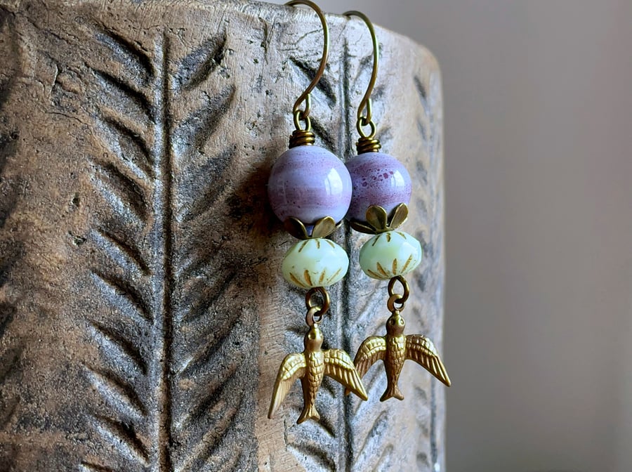Flying Bird Brass Earrings – Whimsical Boho Style. Lavender Purple & Mint Green