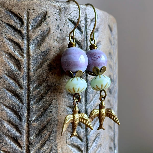 Flying Bird Brass Earrings – Whimsical Boho Style. Lavender Purple & Mint Green