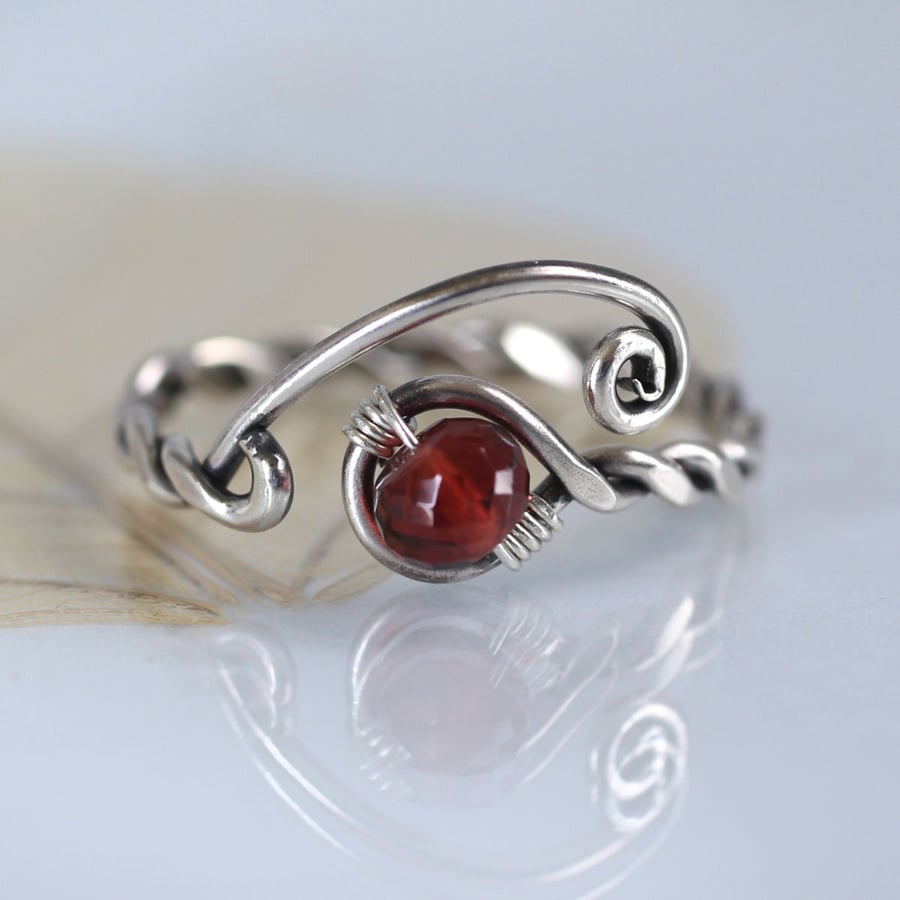 Garnet Twist Ring - Viking Style Rustic Jewellery. Silver with Deep Red Gem