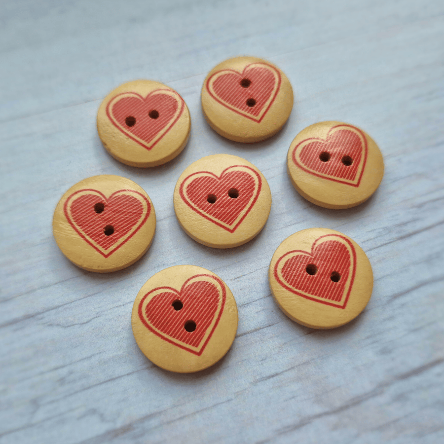 Wooden Buttons - 20mm Red Heart - Sets of 5