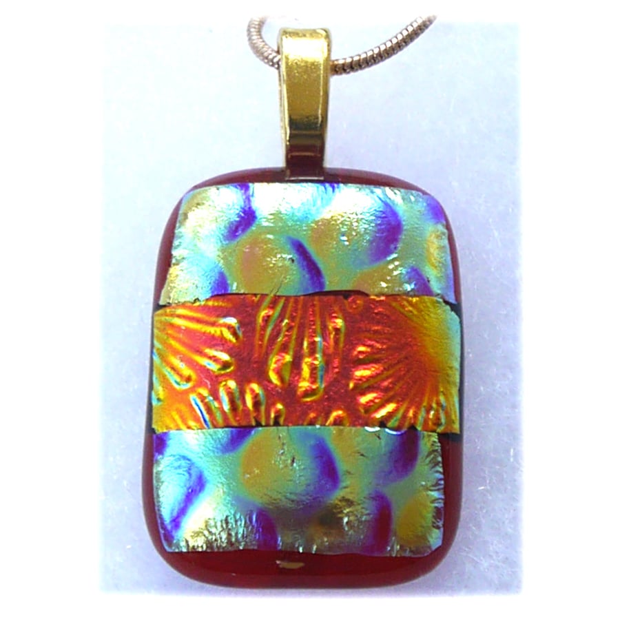 Dichroic Glass Pendant 177 Red Bubble Beams Handmade with gold plated chain